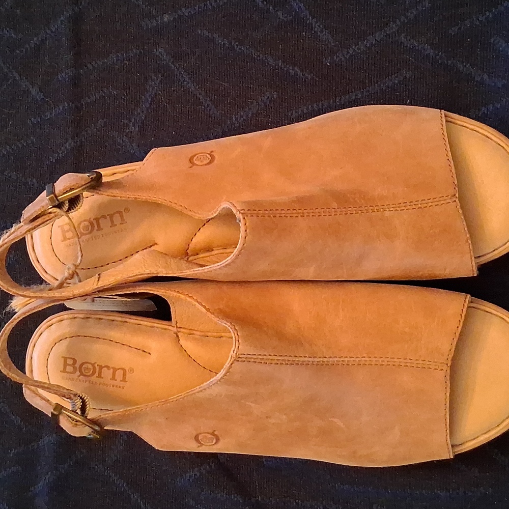 Born Garnet Hill Caramel Tan Leather Wedge Sandals, 10, NWT